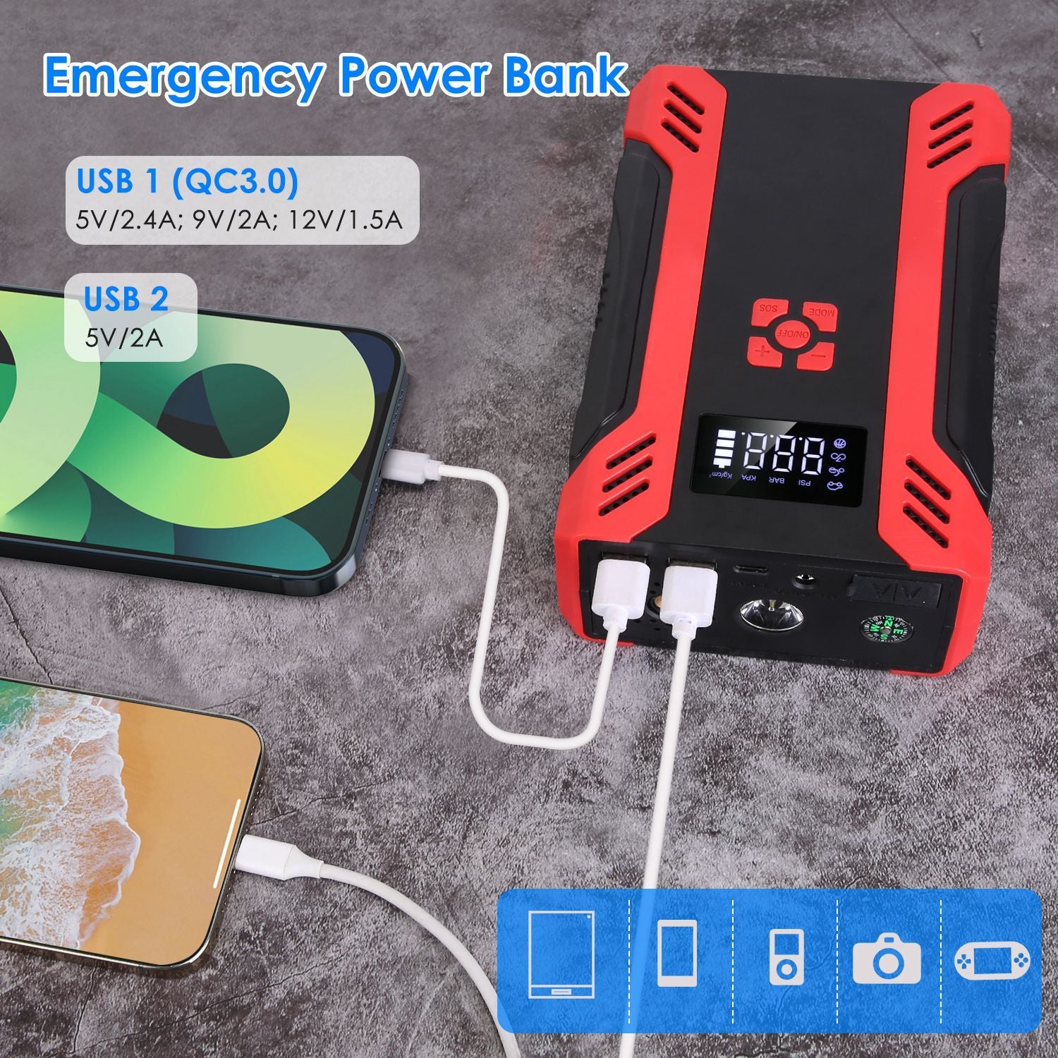 1Pc Car Jump Starter With Air Compressor